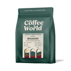 Dark green coffee bag with Brigadeiro label, specialty single-origin pouch