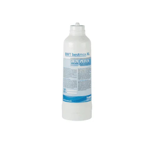 Water filter cartridge in white with BWT bestmax XL label and screw cap