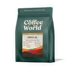 Green Kenya AA coffee bag with Coffee World label, roasted in Cambridge
