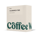 Beige coffee box package with Cajamarca Tabi label and Peru origin