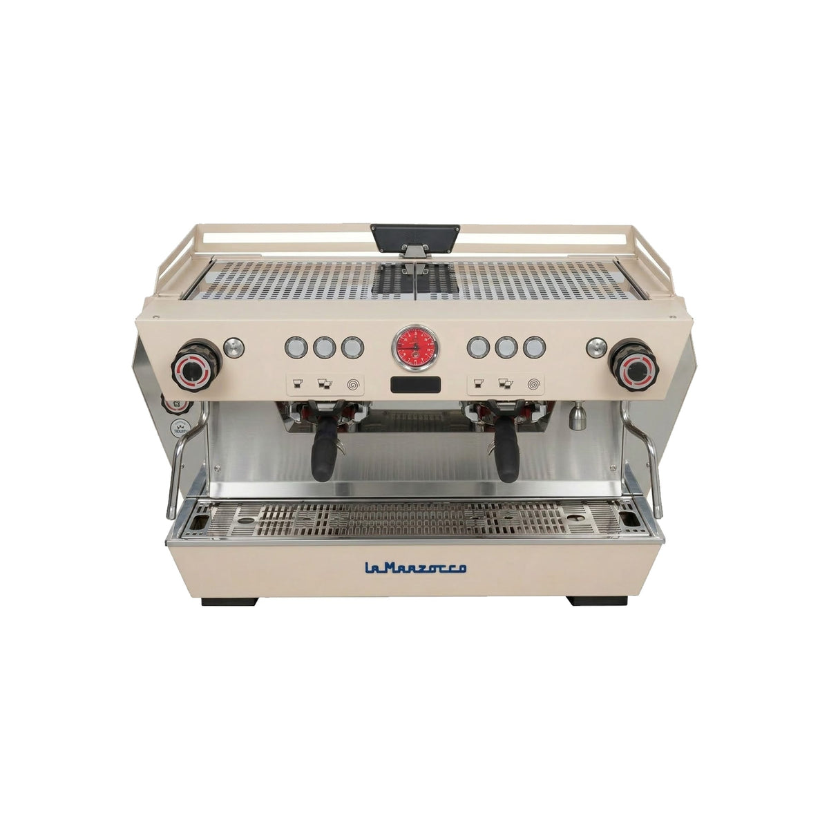 La Marzocco KB90 AV (2 group) Ex-Display/Demo – Creme Colour, Blue Logo, Red Dial