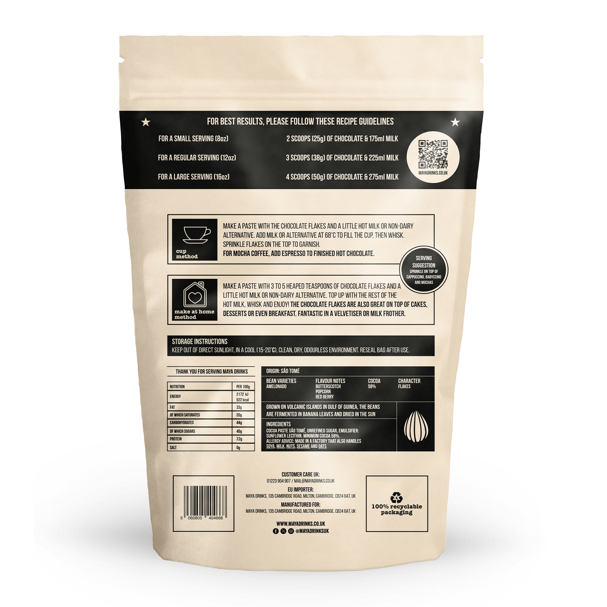 Maya Sao Tome 58% Cocoa Flakes – 1kg Resealable Bag – Luxury Single Origin Hot Chocolate