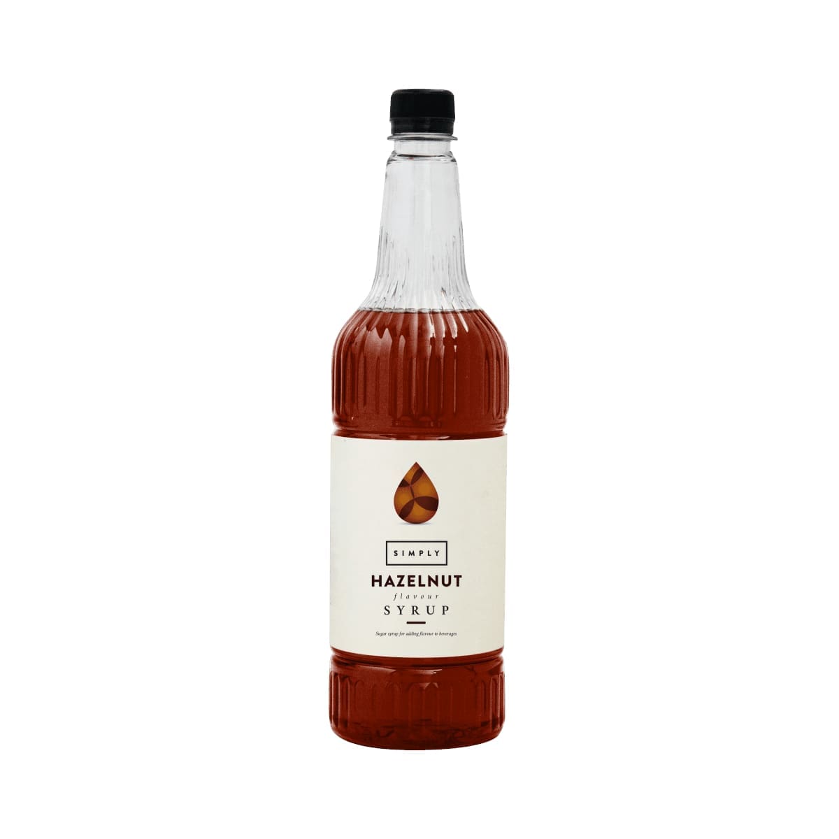 Hazelnut syrup bottle, clear glass with dark amber liquid and black cap