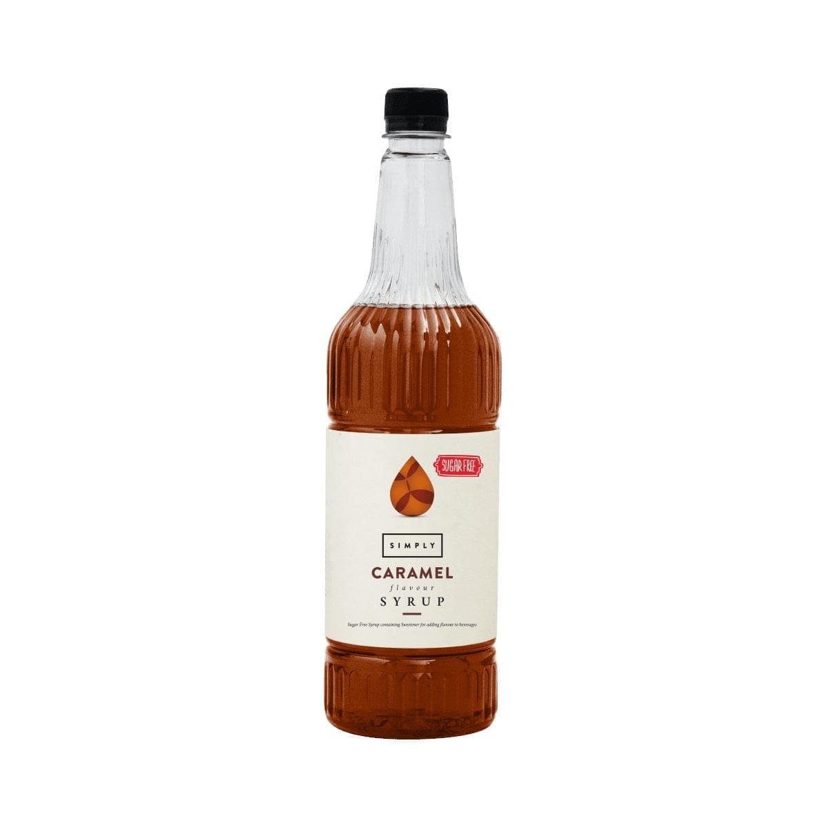 Caramel syrup bottle with red label, dark amber liquid and black cap