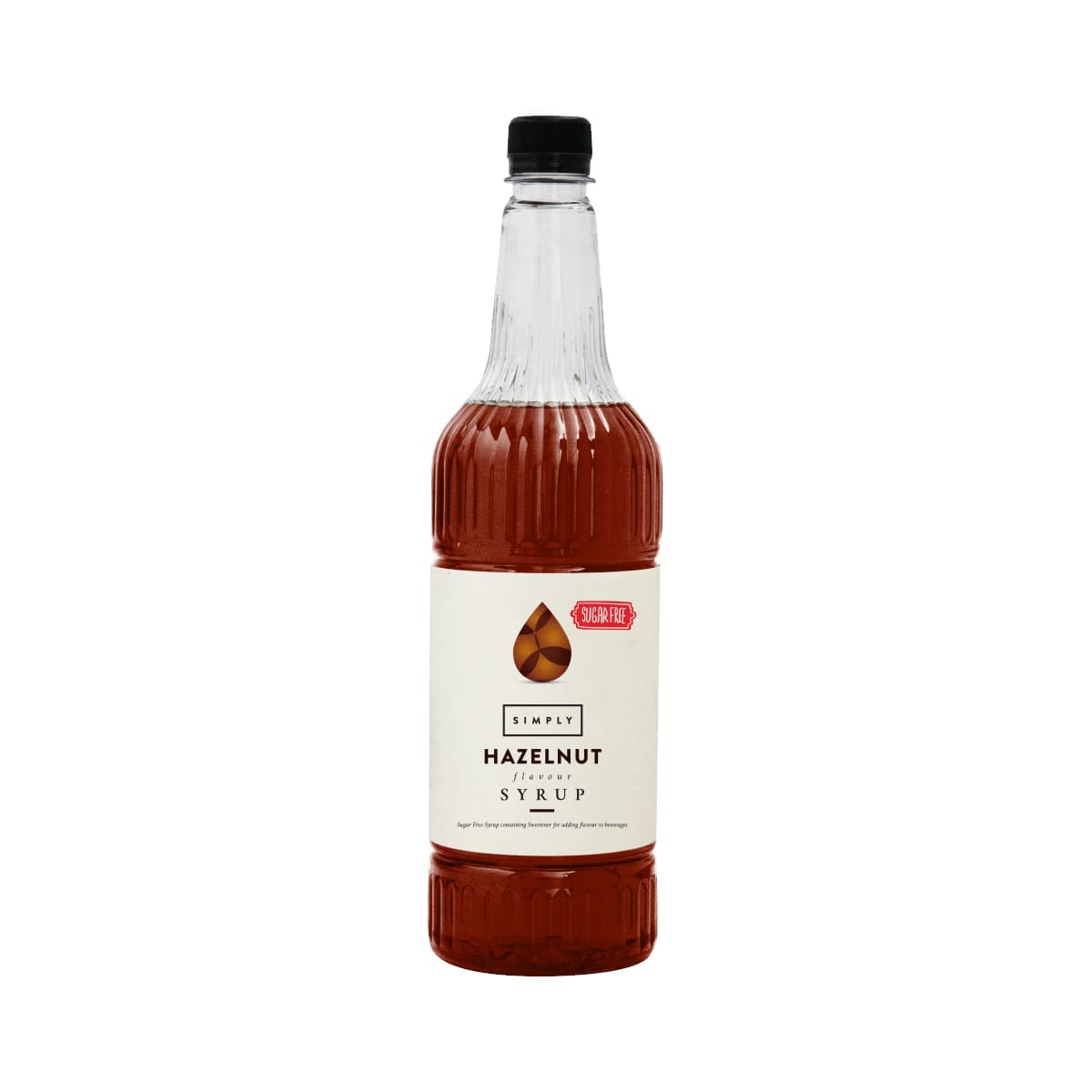Hazelnut syrup bottle with red label, dark amber liquid and black cap