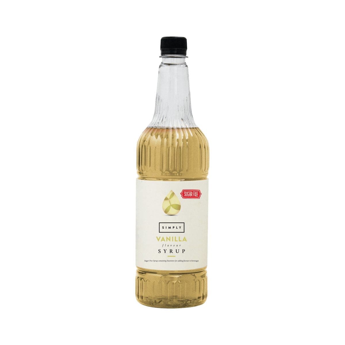 Vanilla syrup bottle with red label, pale gold liquid and black cap