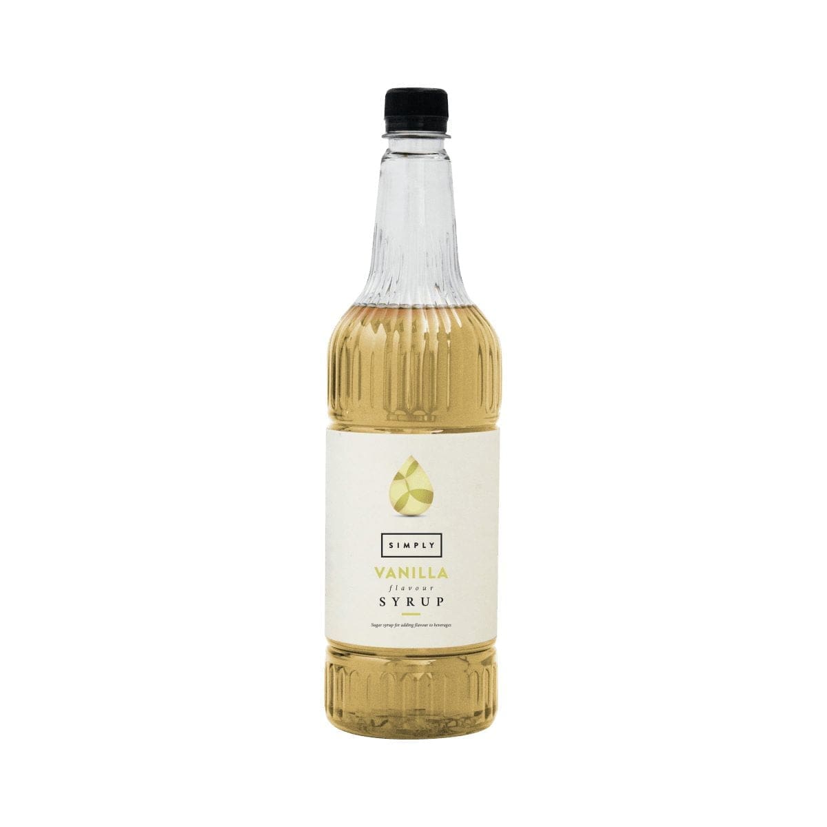 Vanilla syrup bottle, clear glass with pale gold liquid and black cap